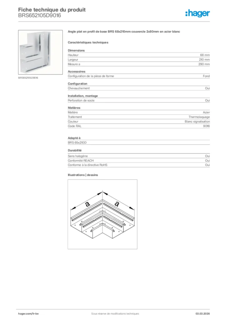Image Hager Fiche technique du produit BRS652105D9016 | Hager Belgique