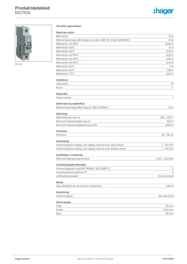 Bild Hager Produktdatablad MC110A | Hager Sverige