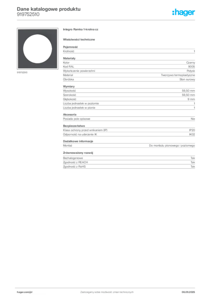 Zdjęcie Hager Dane katalogowe produktu 919752510 | Hager Polska