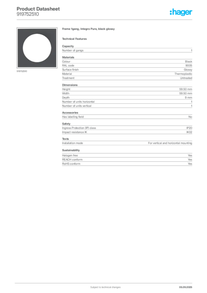 Image Hager Product data sheet 919752510  | Hager