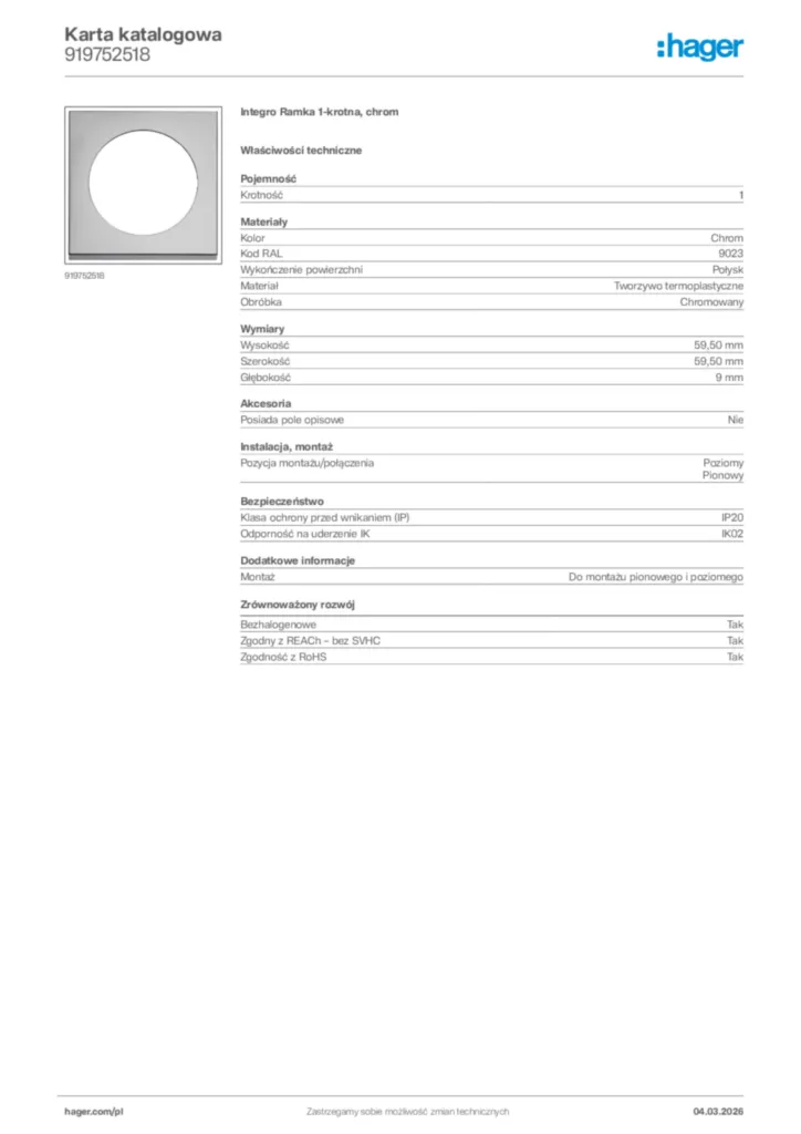 Zdjęcie Hager Karta katalogowa 919752518 | Hager Polska