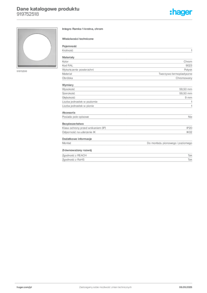 Zdjęcie Hager Dane katalogowe produktu 919752518 | Hager Polska