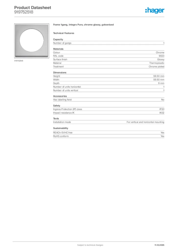 Image Hager Product data sheet 919752518  | Hager