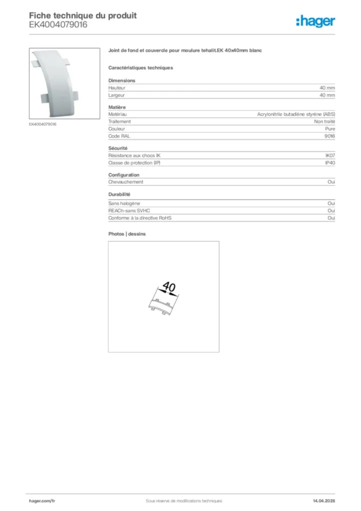 Image Hager Fiche technique du produit EK4004079016 | Hager France
