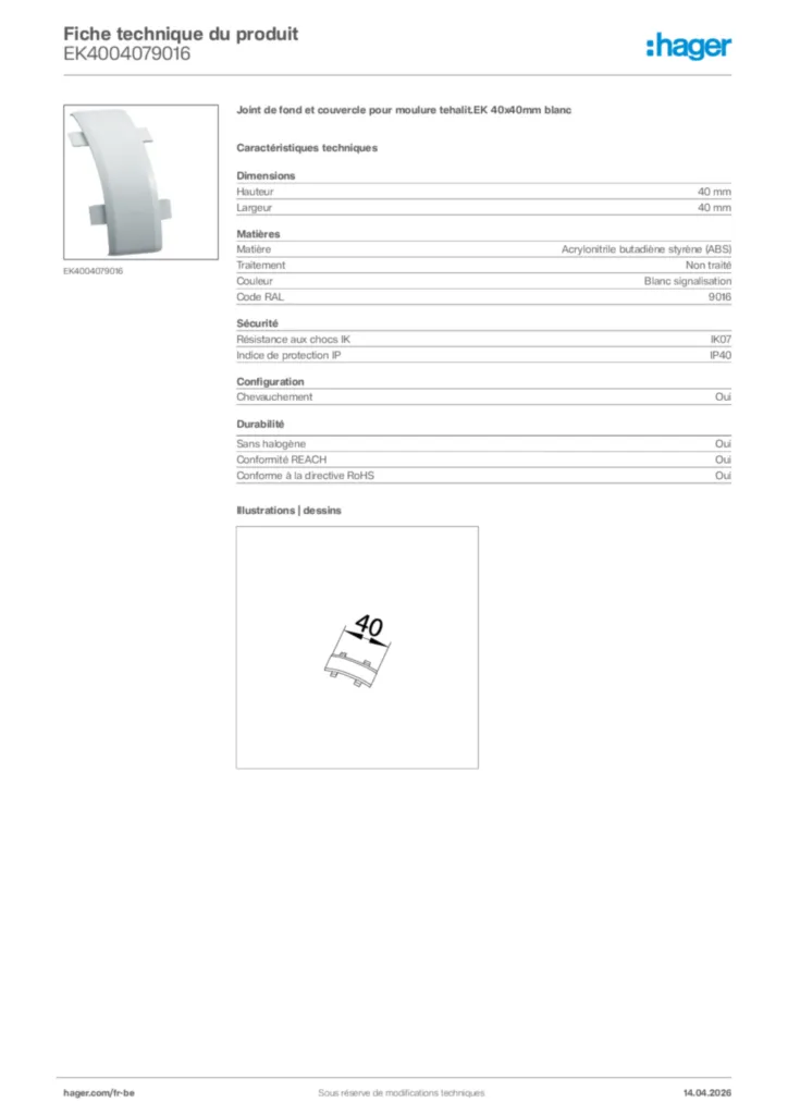 Image Hager Fiche technique du produit EK4004079016 | Hager Belgique