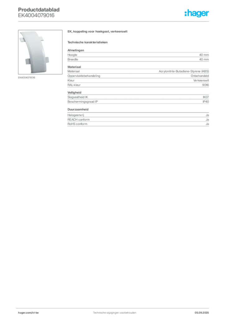 Afbeelding Hager Productdatablad EK4004079016 | Hager Belgium