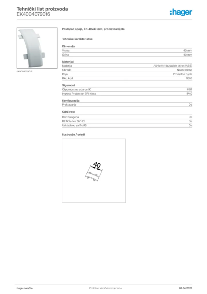 Slika Hager Tehnički list proizvoda EK4004079016  | Hager