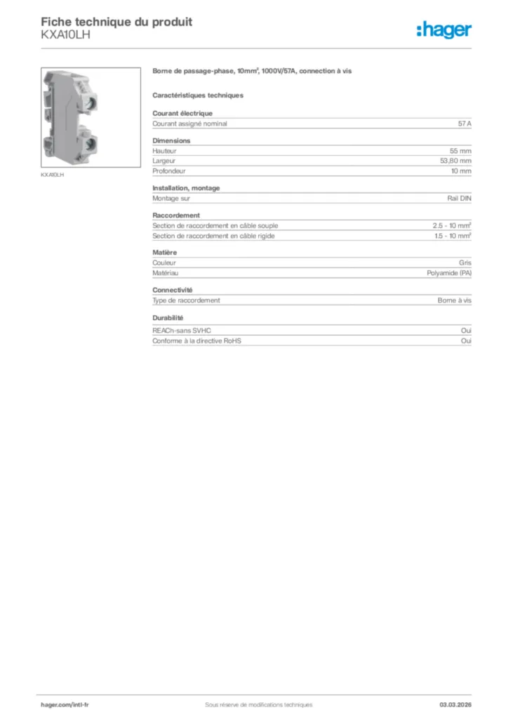 Image Hager Fiche technique du produit KXA10LH | Hager Afrique