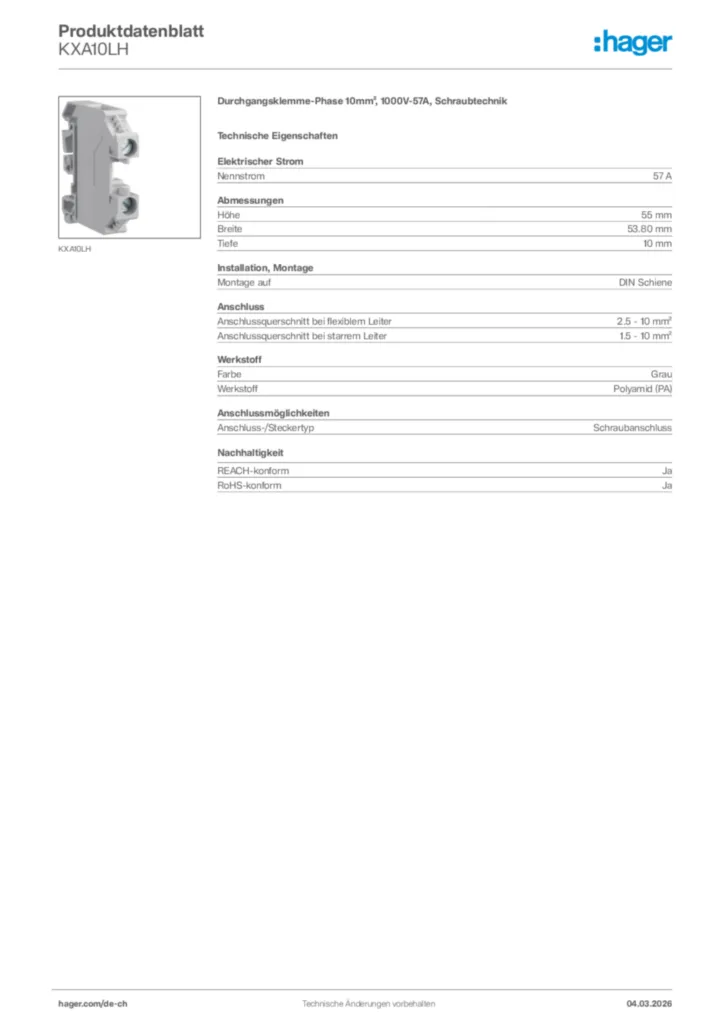 Bild Hager Produktdatenblatt KXA10LH | Hager Schweiz