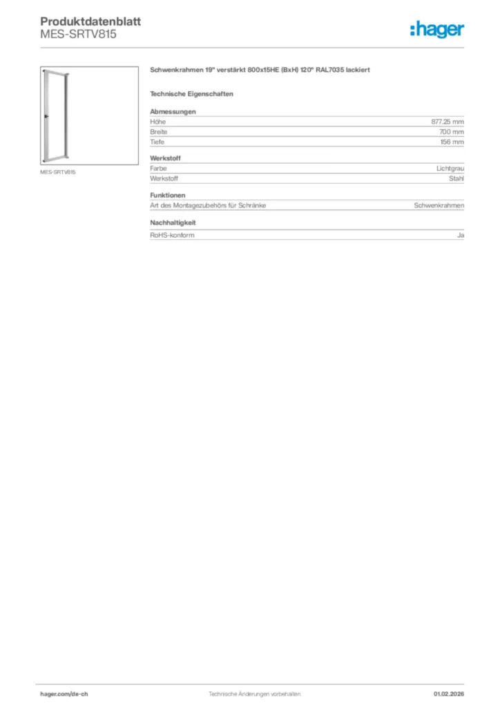 Bild Hager Produktdatenblatt MES-SRTV815 | Hager Schweiz