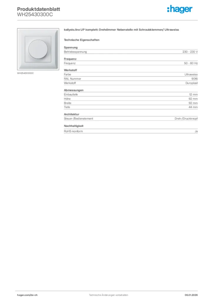 Bild Hager Produktdatenblatt WH25430300C | Hager Schweiz