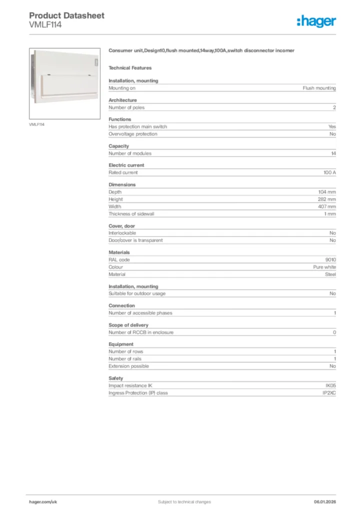 Image Hager Product data sheet VMLF114  | Hager
