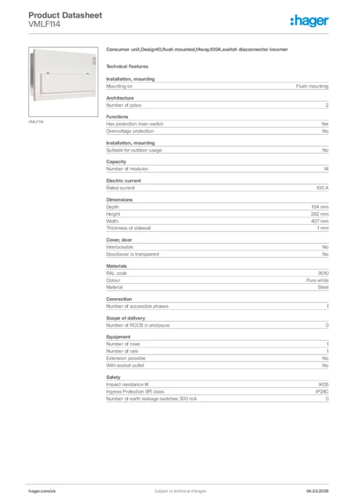 Image Hager Product data sheet VMLF114  | Hager