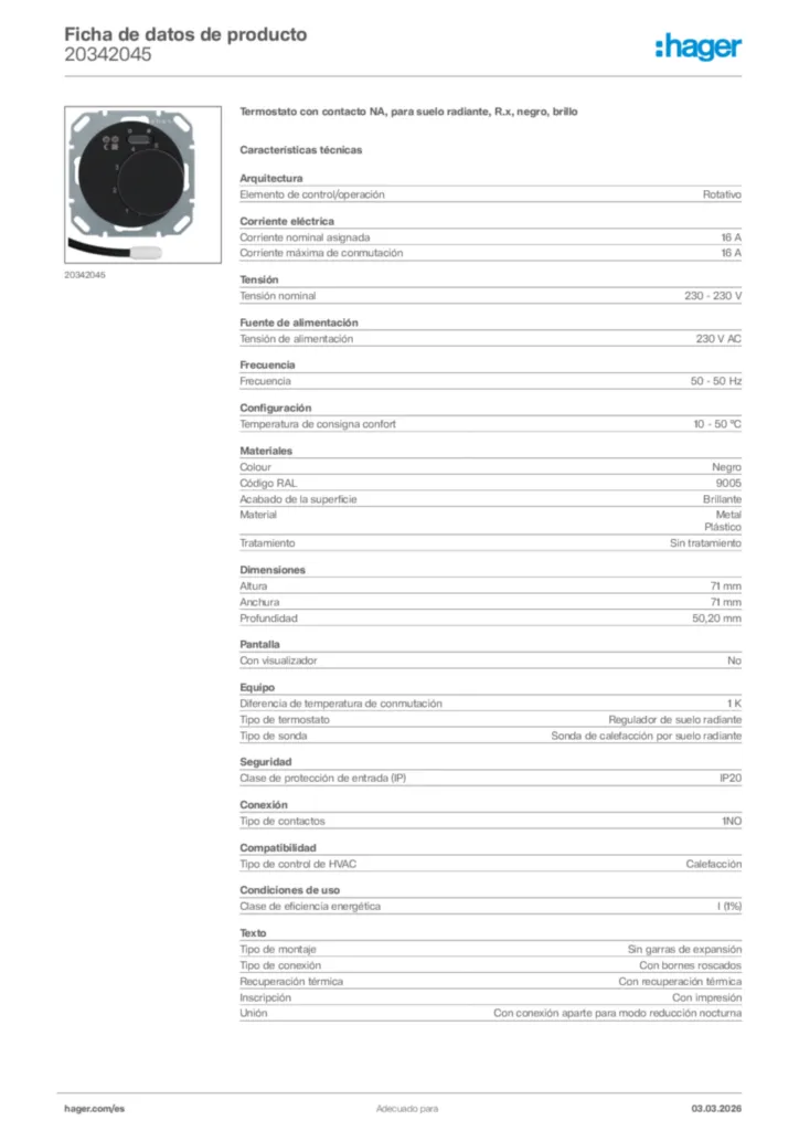 Imagen Hager Ficha de datos de producto 20342045 | Hager España