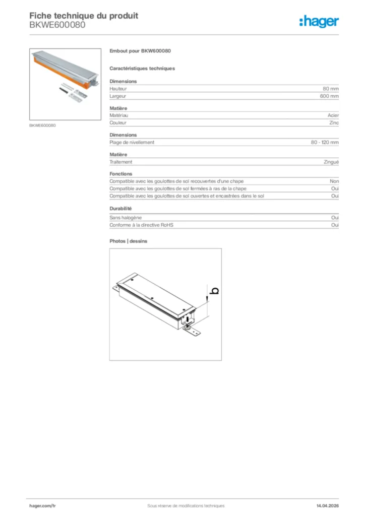 Image Hager Fiche technique du produit BKWE600080 | Hager France