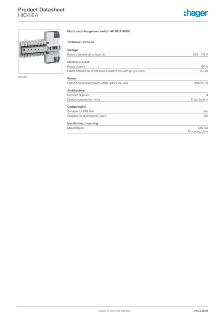 Image Hager Product data sheet HIC416A  | Hager Africa