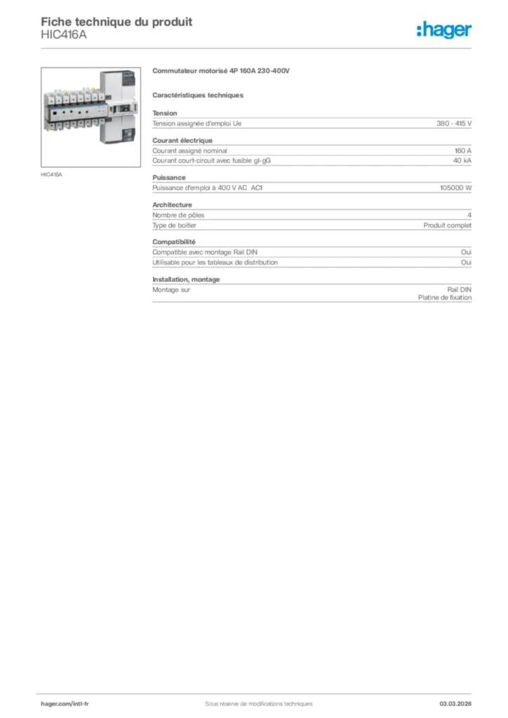 Image Hager Fiche technique du produit HIC416A | Hager Afrique