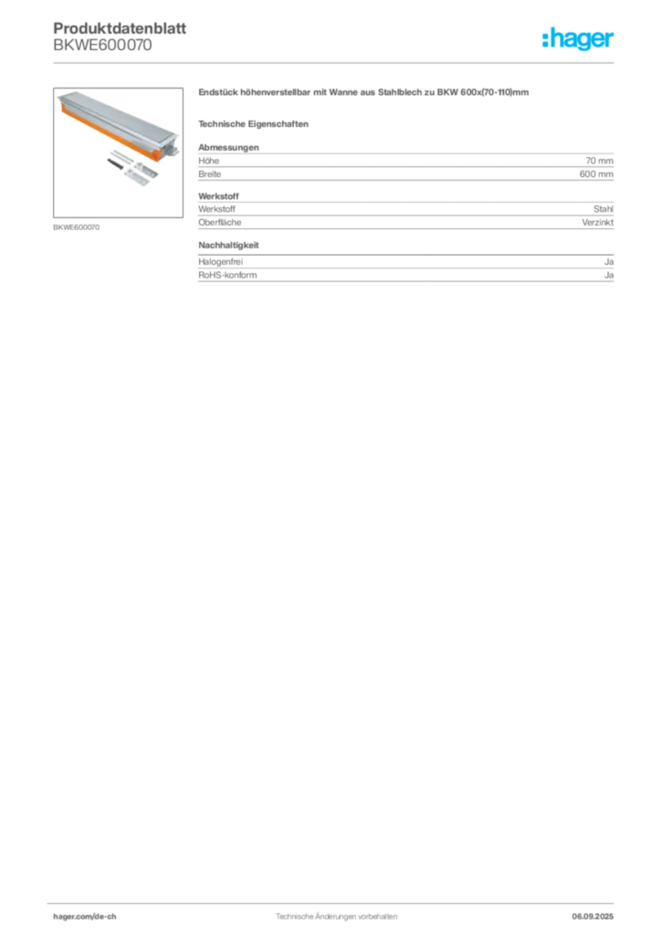Bild Hager Produktdatenblatt BKWE600070 | Hager Schweiz