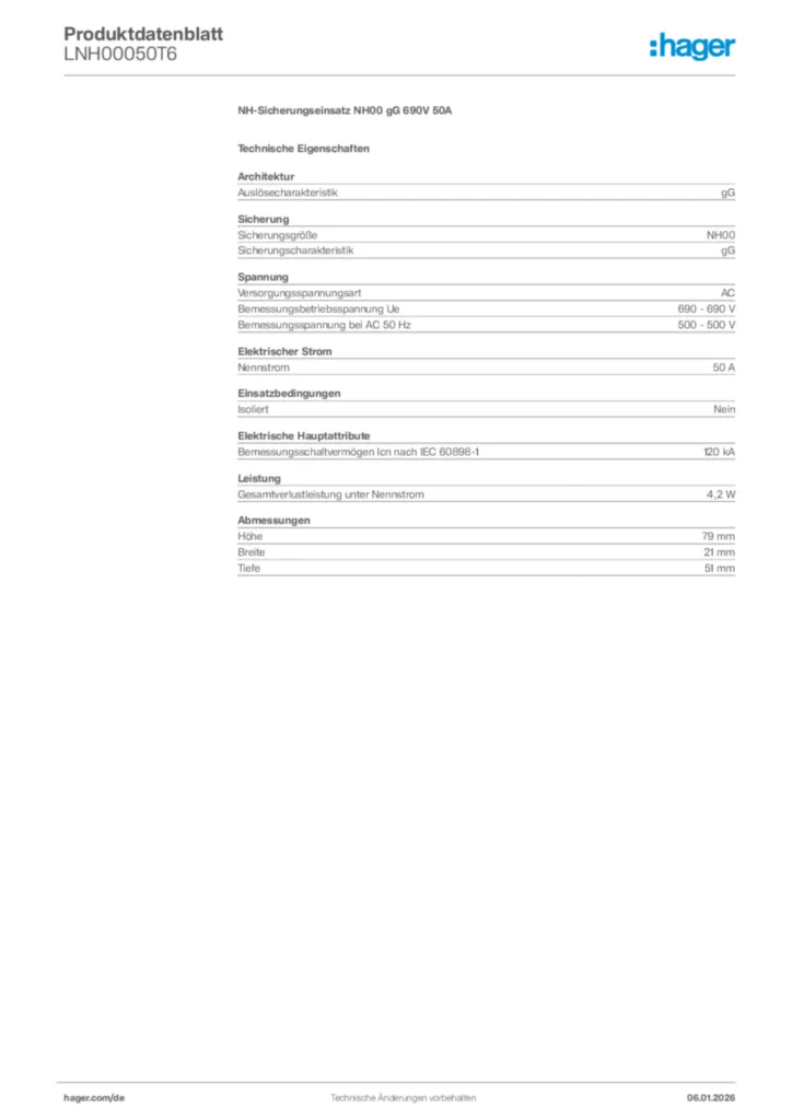 Bild Hager Produktdatenblatt LNH00050T6 | Hager Deutschland