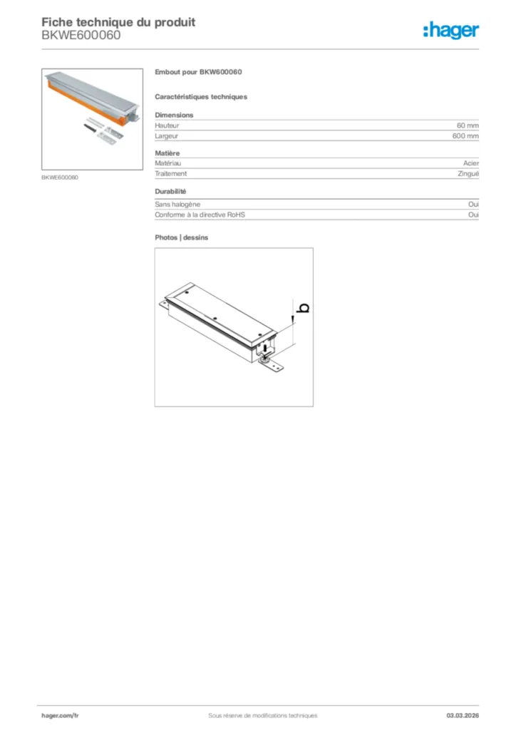Image Hager Fiche technique du produit BKWE600060 | Hager France