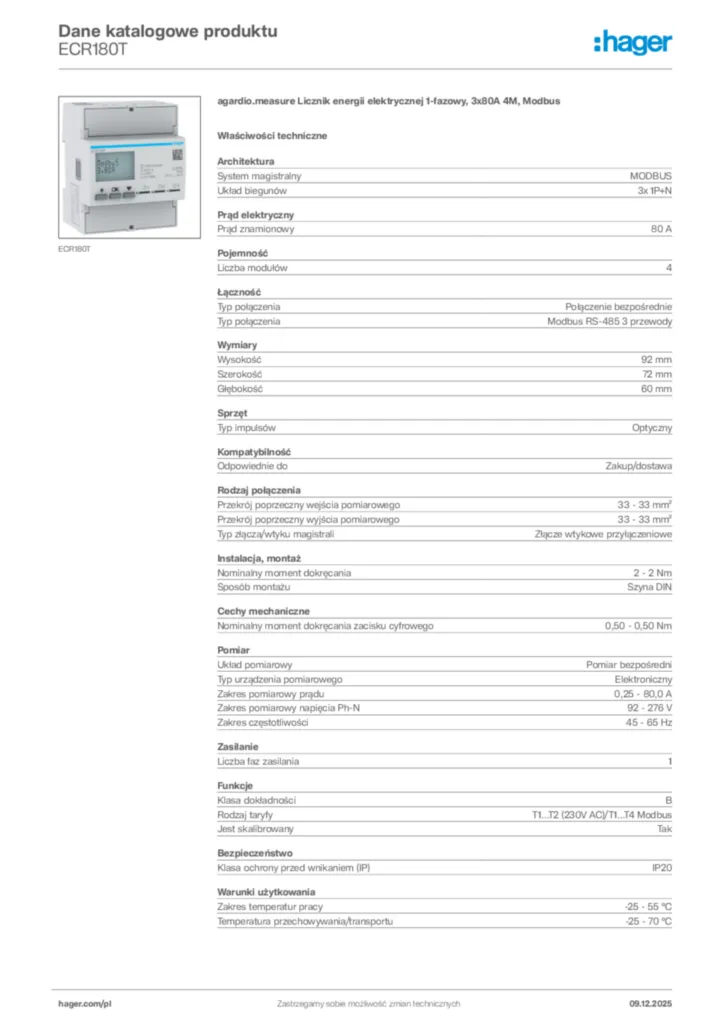 Zdjęcie Hager Karta katalogowa ECR180T | Hager Polska