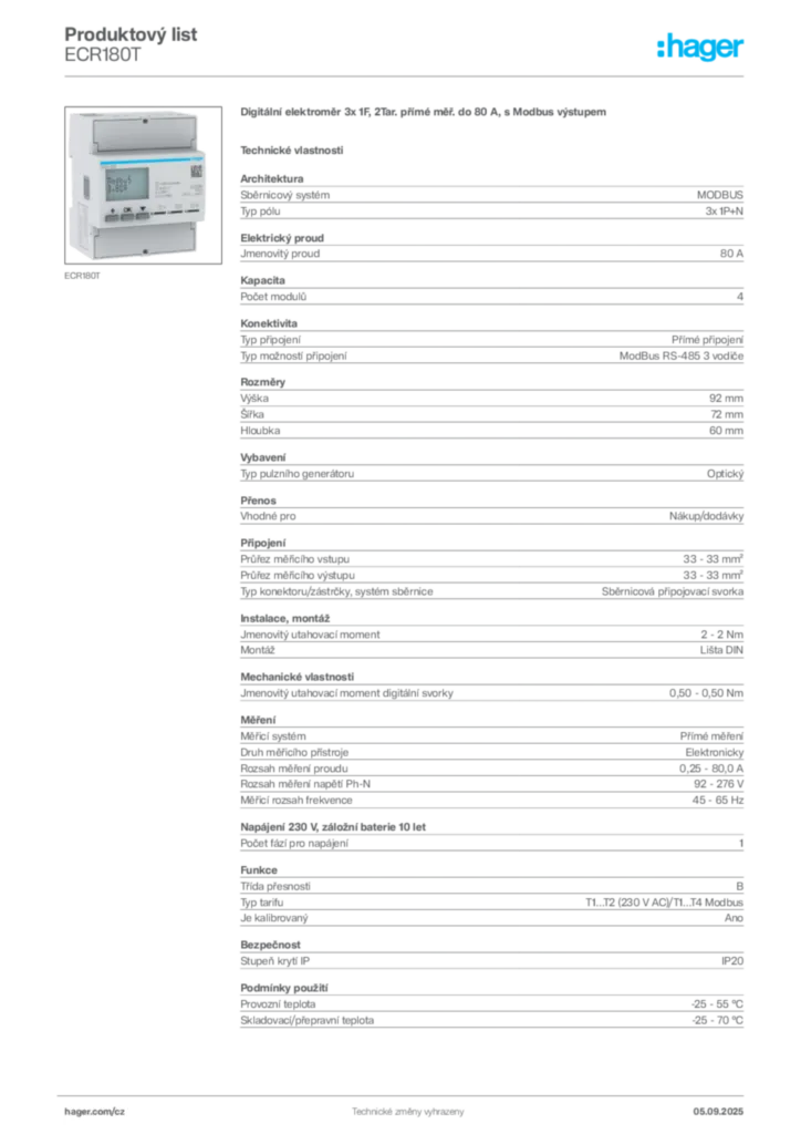Obrázek Hager Produktový list ECR180T | Hager