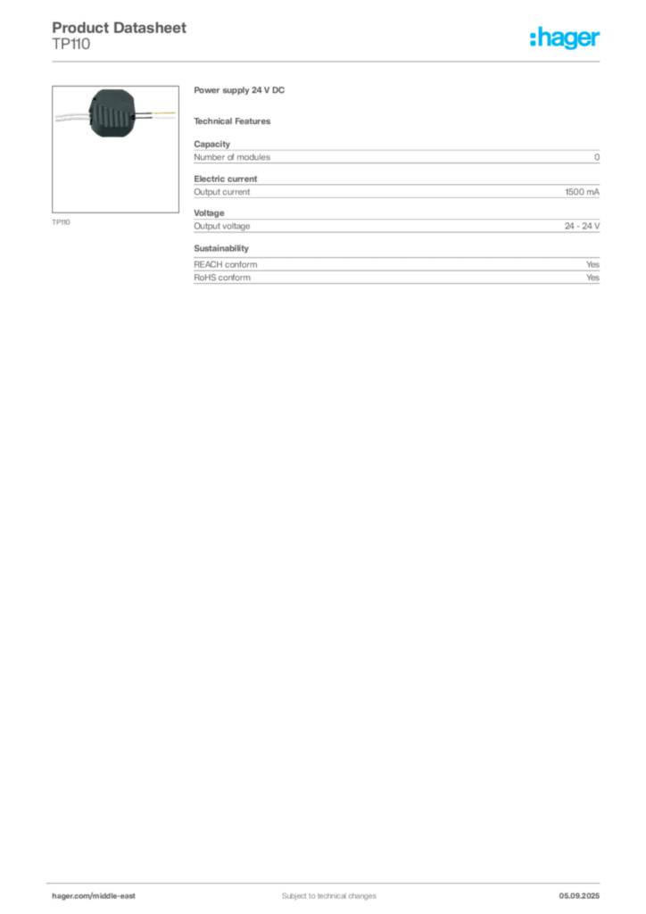 Image Hager Product data sheet TP110  | Hager