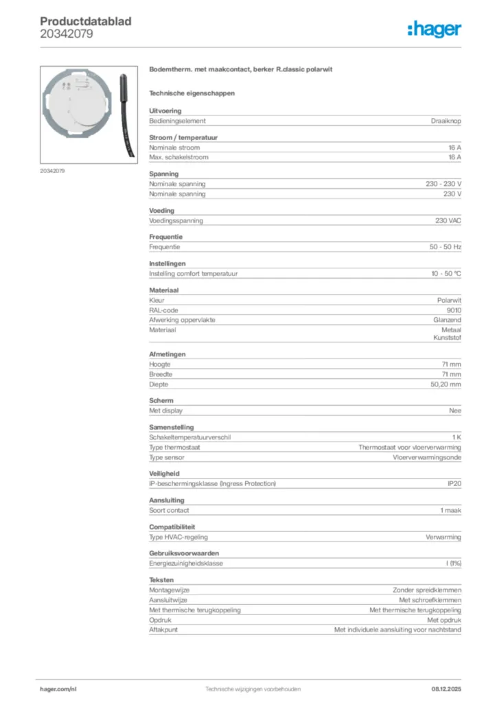 Afbeelding Hager Productdatablad 20342079 | Hager Nederland