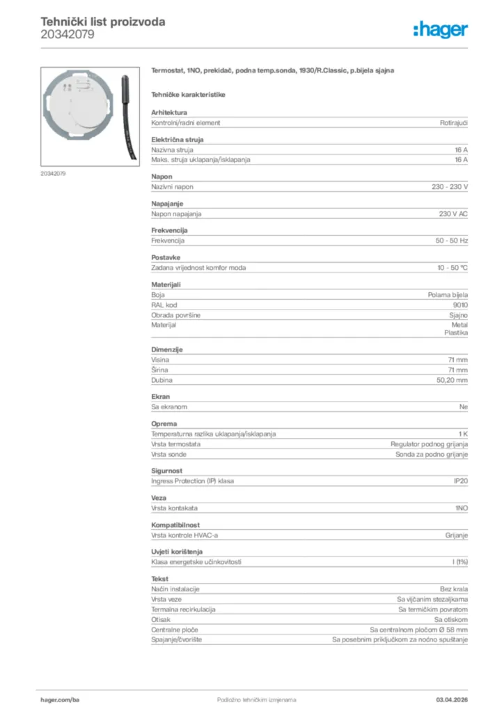 Slika Hager Tehnički list proizvoda 20342079  | Hager