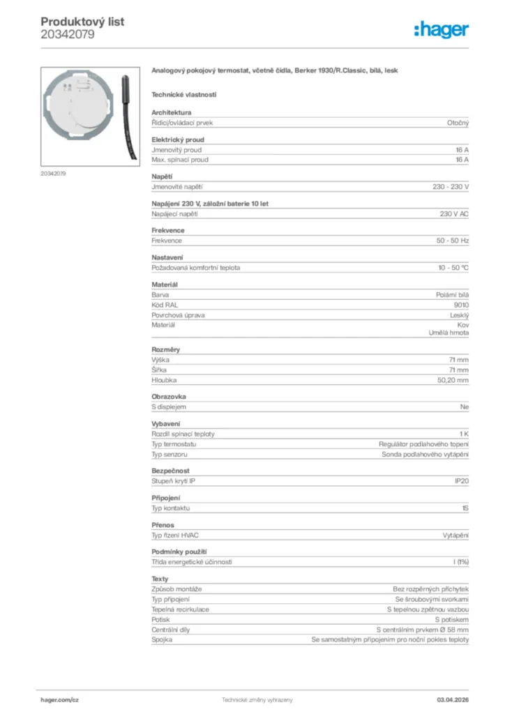 Obrázek Hager Product data sheet 20342079 | Hager