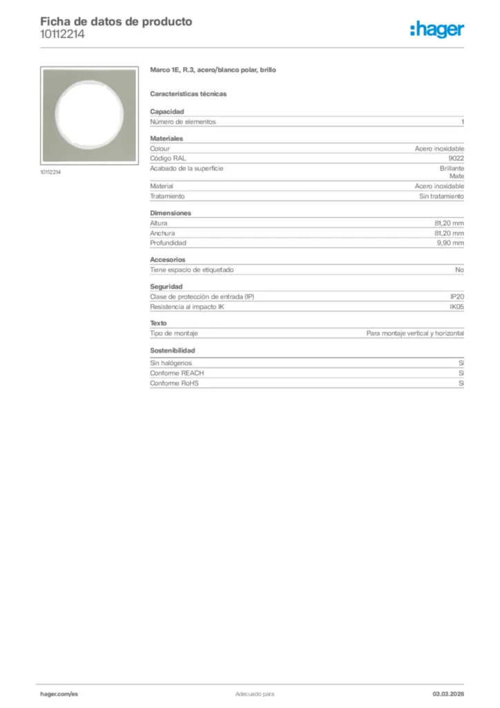 Imagen Hager Ficha de datos de producto 10112214 | Hager España