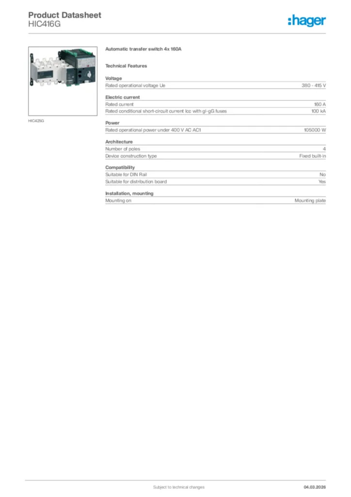 Image Hager Product data sheet HIC416G  | Hager Africa