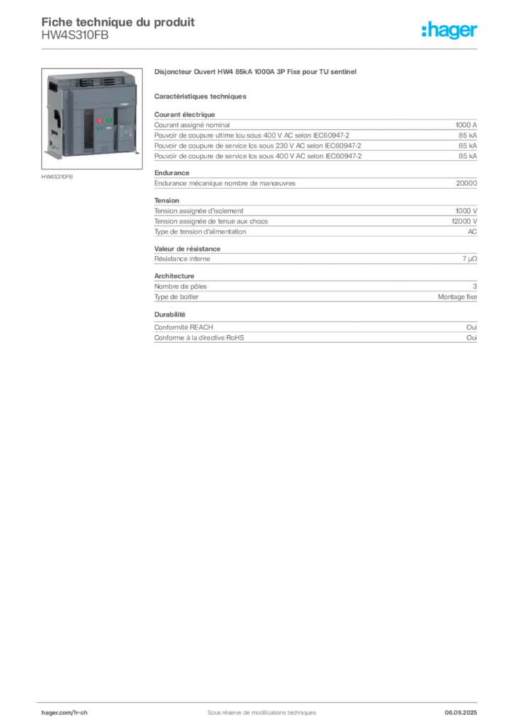 Image Hager Fiche technique du produit HW4S310FB | Hager Suisse