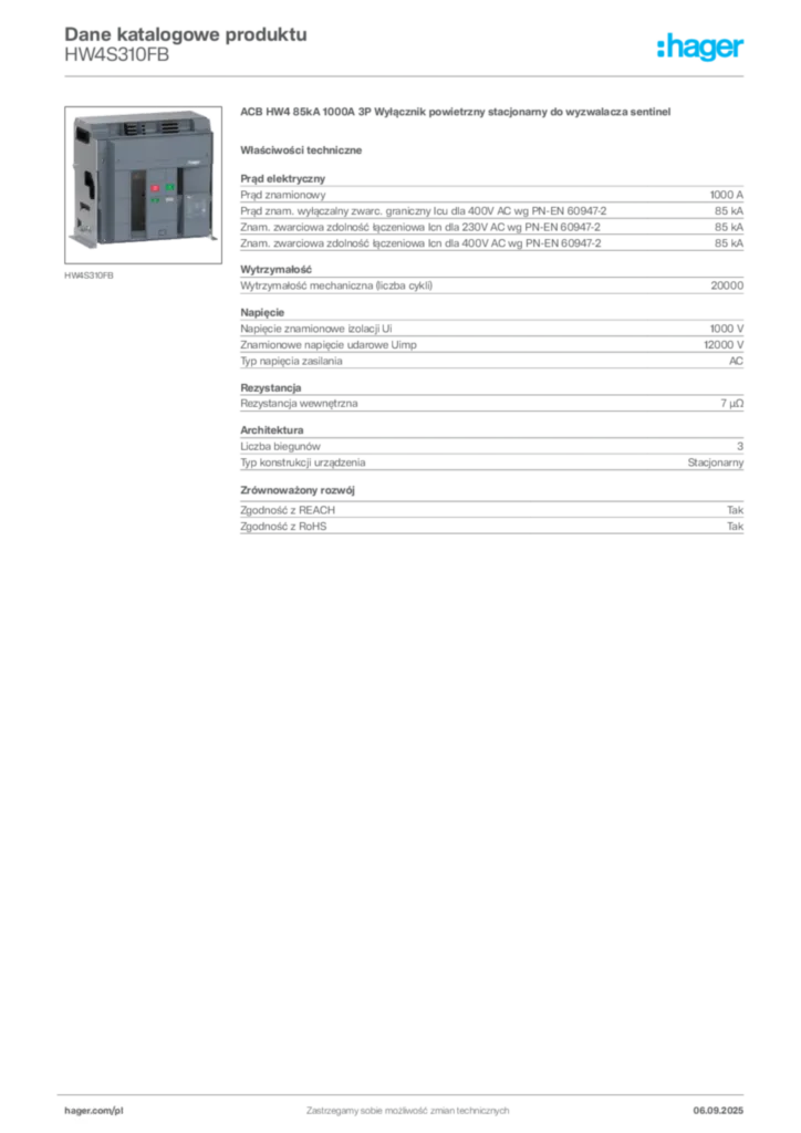 Zdjęcie Hager Dane katalogowe produktu HW4S310FB | Hager Polska