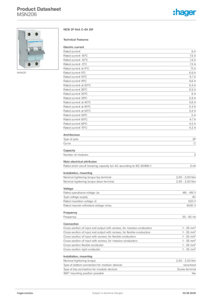 Image Hager Product data sheet MSN206  | Hager Australia