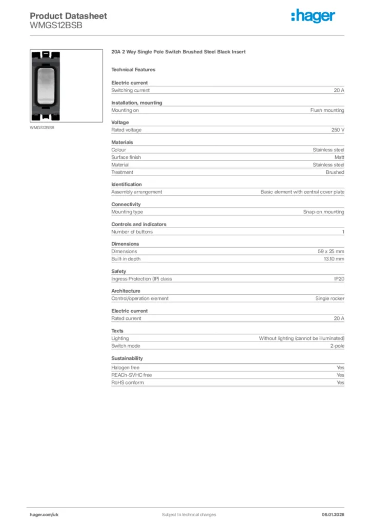 Image Hager Product data sheet WMGS12BSB  | Hager