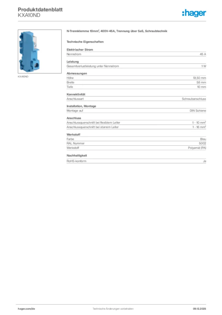 N-Trennklemme 10mm², 400V-45A, Trennung über SaS, Schraubtechnik