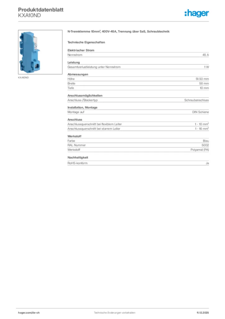Bild Hager Produktdatenblatt KXA10ND | Hager Schweiz