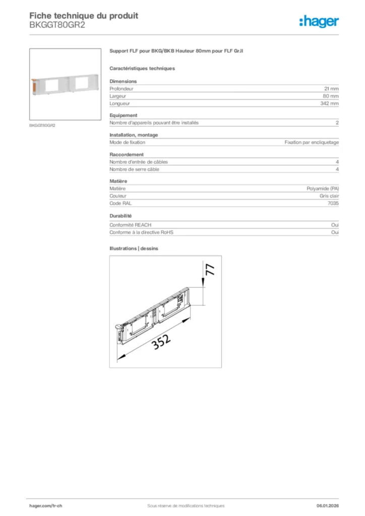 Image Hager Fiche technique du produit BKGGT80GR2 | Hager Suisse