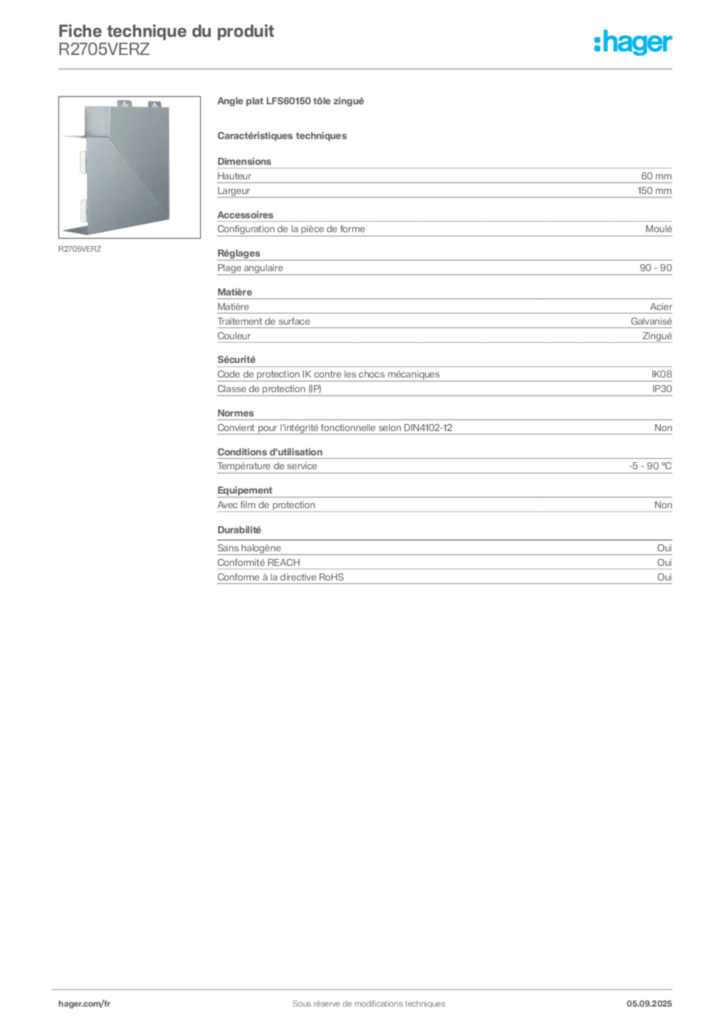 Image Hager Fiche technique du produit R2705VERZ | Hager France