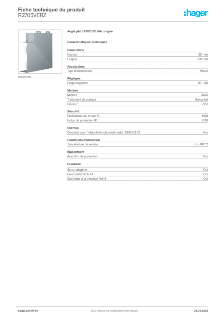 Image Hager Fiche technique du produit R2705VERZ | Hager Suisse