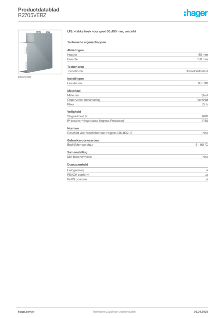 Afbeelding Hager Productdatablad R2705VERZ | Hager Nederland