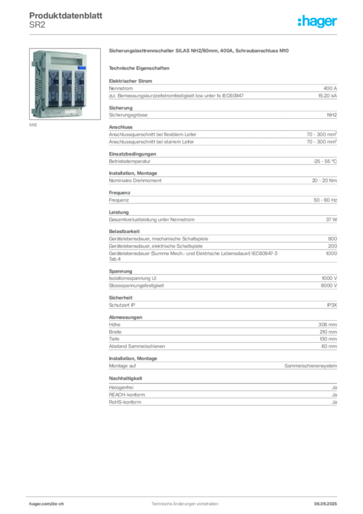 Bild Hager Produktdatenblatt SR2 | Hager Schweiz