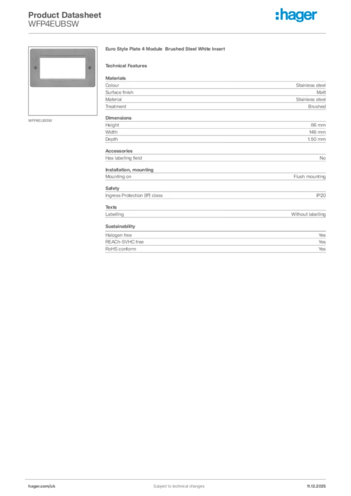 Image Hager Product data sheet WFP4EUBSW  | Hager
