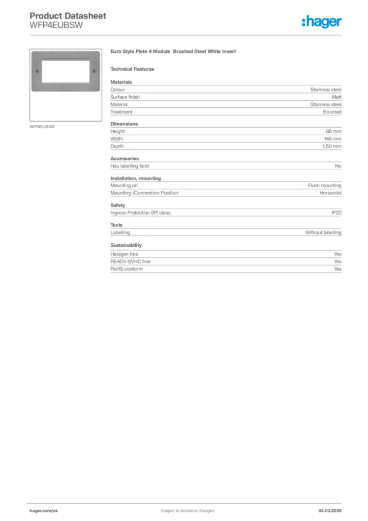 Image Hager Product data sheet WFP4EUBSW  | Hager