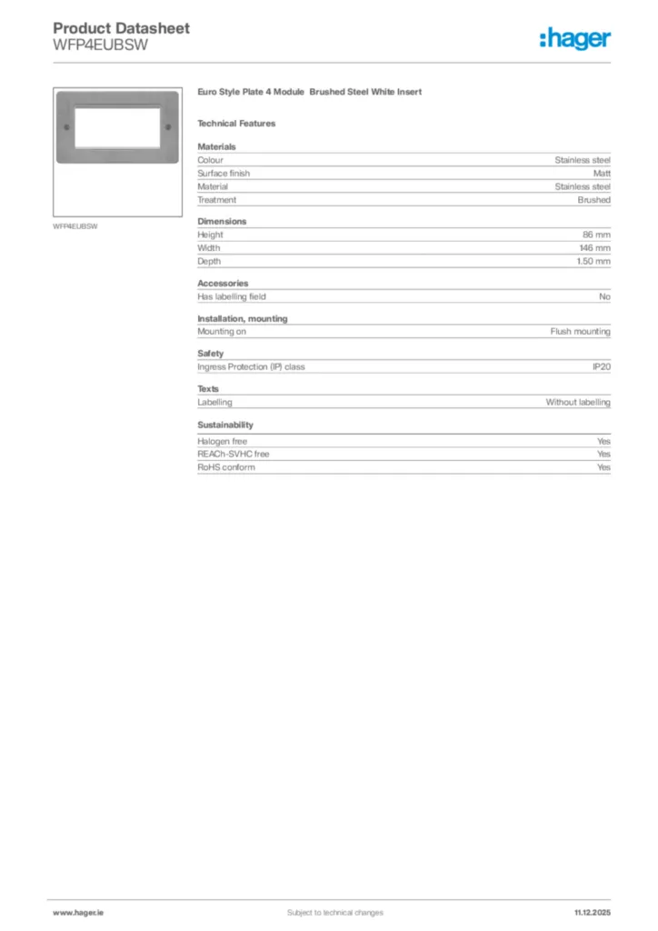 Image Hager Product data sheet WFP4EUBSW  | Hager