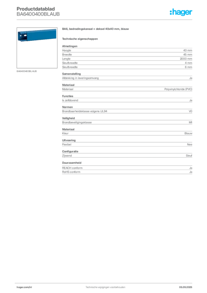 Afbeelding Hager Productdatablad BA6400400BLAUB | Hager Nederland