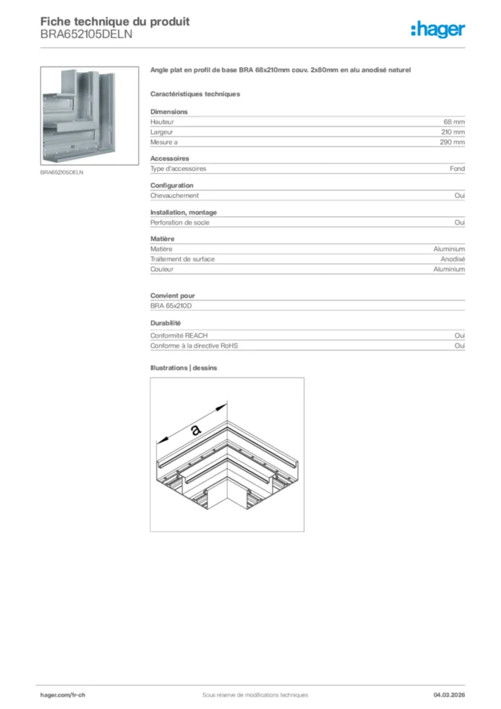 Image Hager Fiche technique du produit BRA652105DELN | Hager Suisse