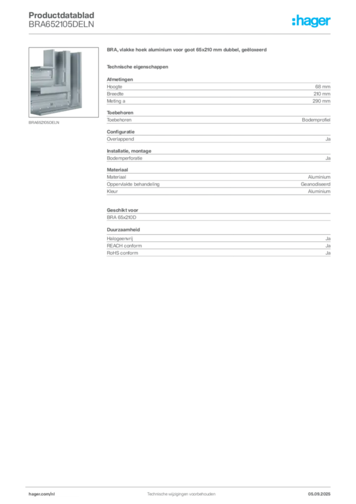 Afbeelding Hager Productdatablad BRA652105DELN | Hager Nederland