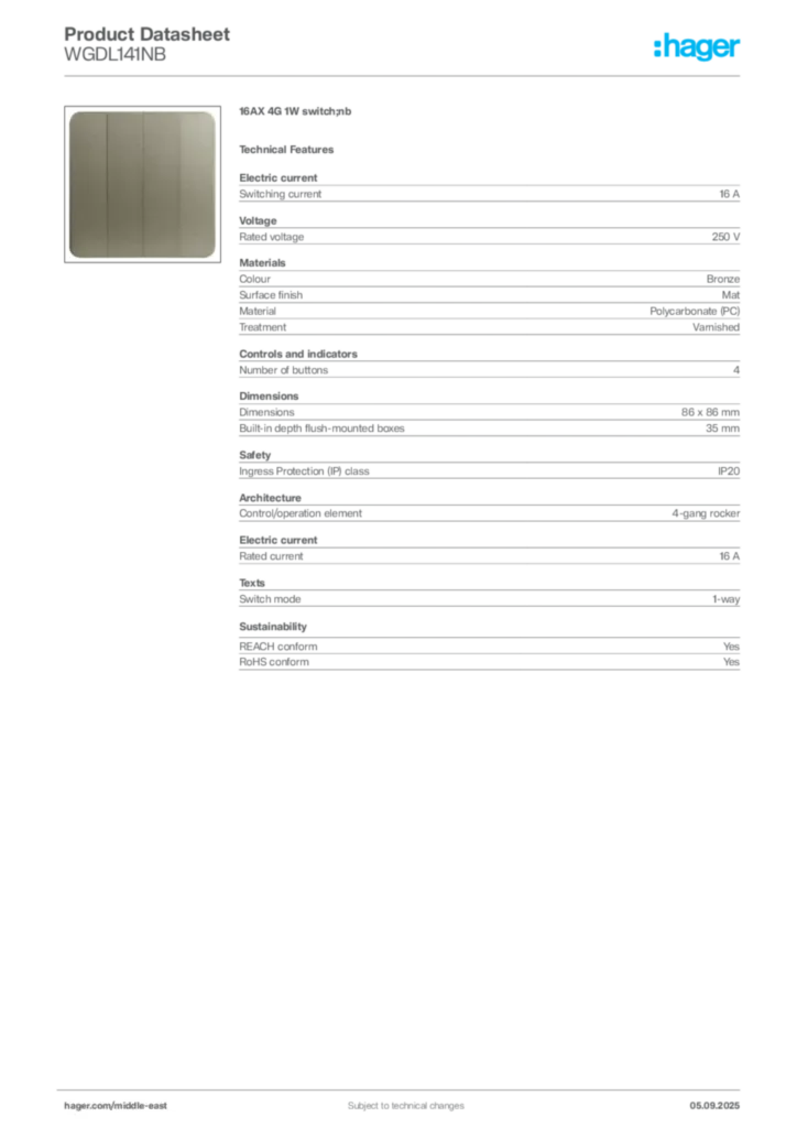Image Hager Product data sheet WGDL141NB  | Hager